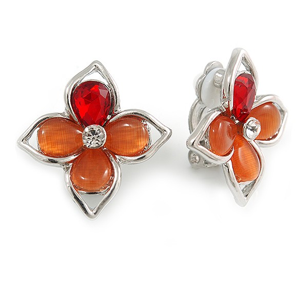 Salmon/ Red Bead Floral Clip On Earrings In Silver Tone – 20mm Diameter