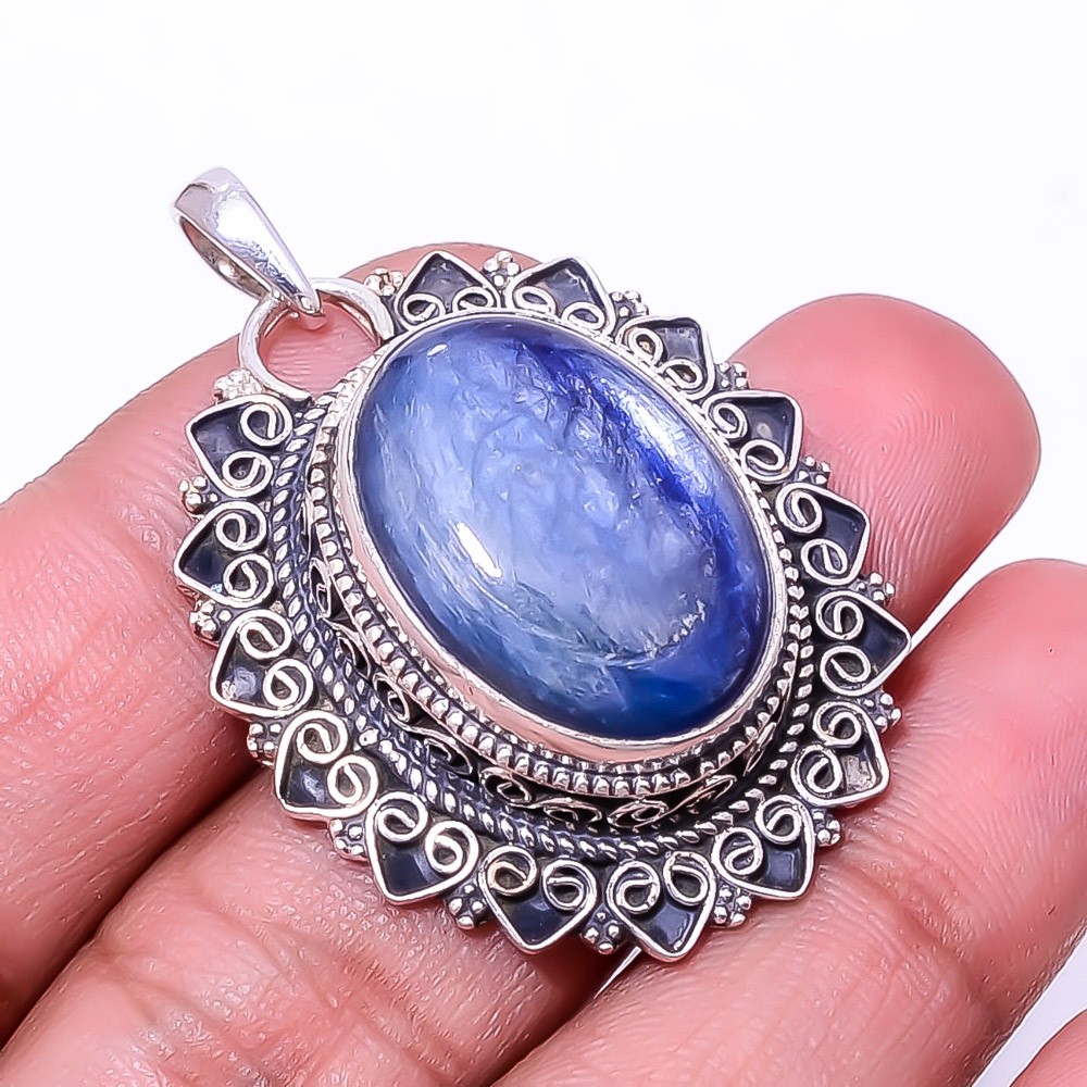 Natural Kyanite – Nepal Fine Art 925 Sterling Silver Pendant 1.76″ P_9395_205_30