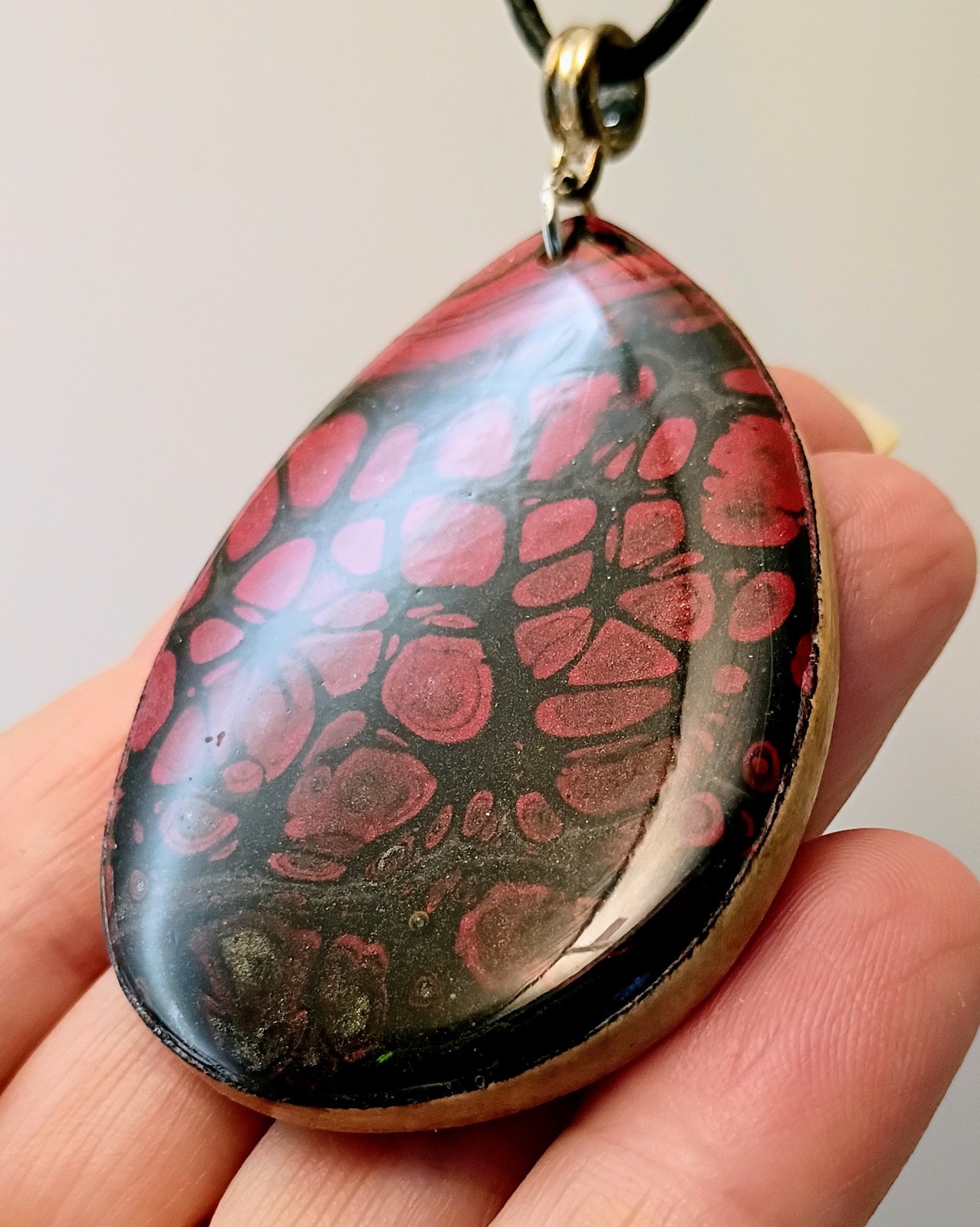 Hand Painted Necklace On Wood w/ Silver Toned Fitting & Black Cord Lightweight