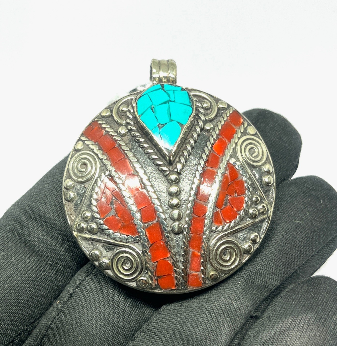 Tibetan Red Coral Turquoise Gemstone Buddhist Prayer Pendant Jewelry, 2.0 inch