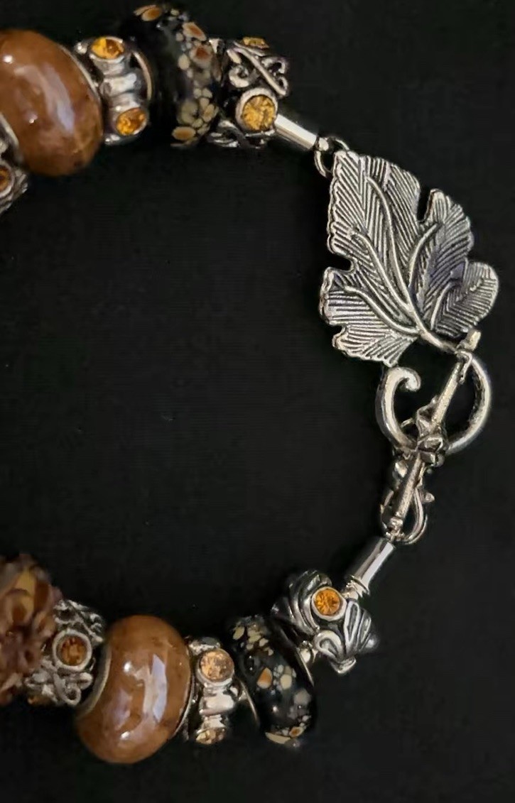 European Slider Charm Bracelet Murano Glass Brown Silver Gold Huge Flowers Heart
