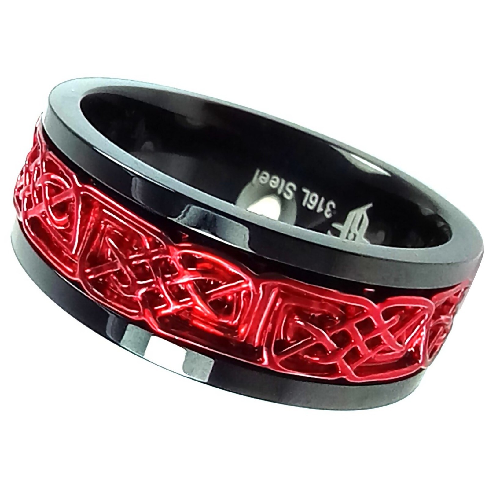 Red Viking Spinner Ring Black Stainless Steel Celtic Norse Anti Anxiety Band