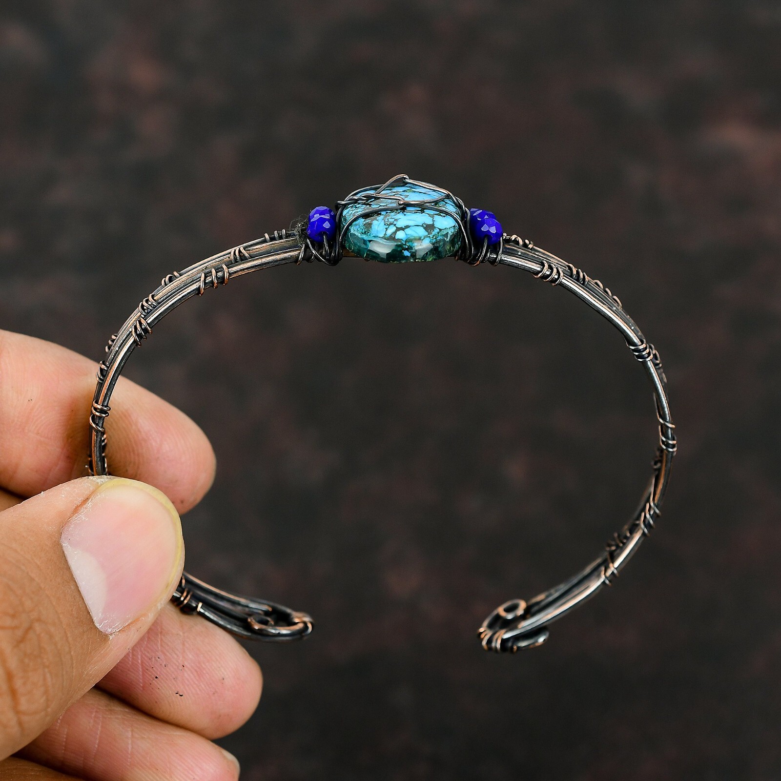 Tibetan Turquoise Copper Mother Gift Wire Wrapped Adjustable Bangle