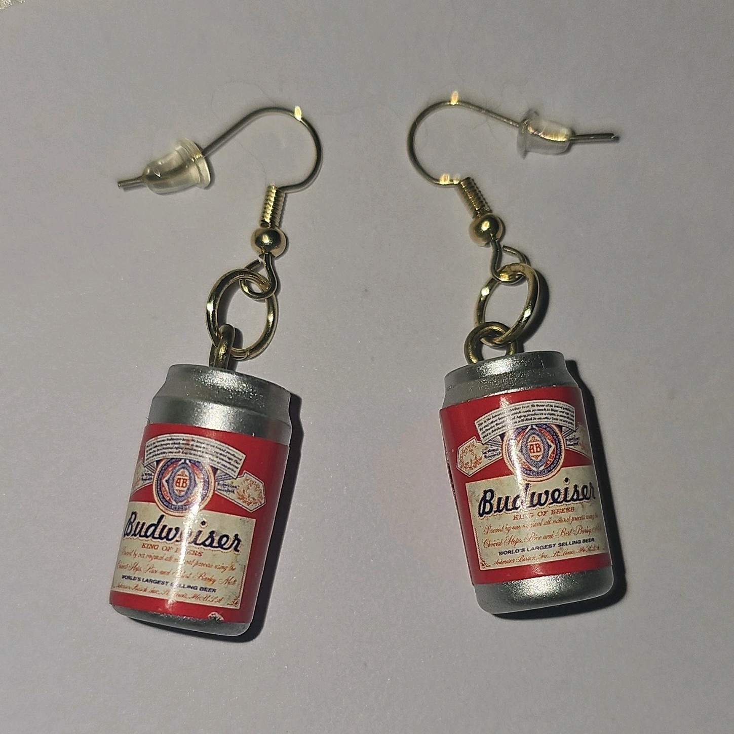 Budweiser Beer Can Dangle/Drop Earrings Red Silver Metal Hook Lobe No Stone