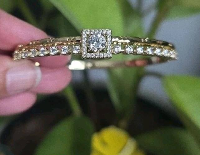 14k Gold Plated Stackable Bangle w/ Clear Rhinestones & Square Halo Design