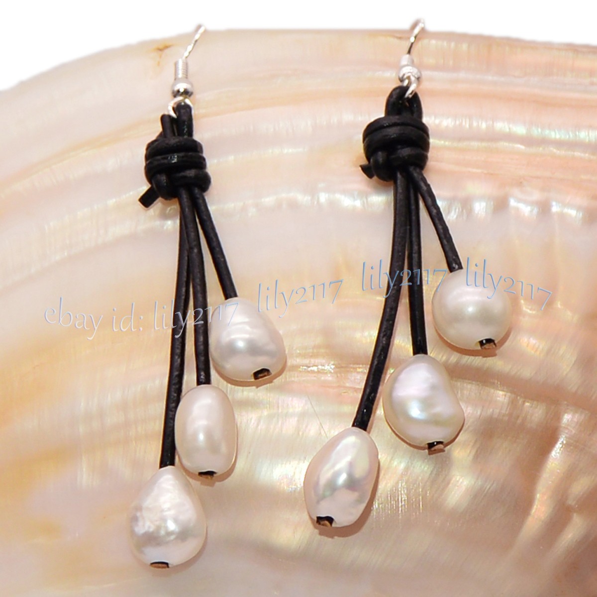 Natural Freshwater Baroque Pearl Black Leather Rope Dangle Hook Earrings 9-10mm