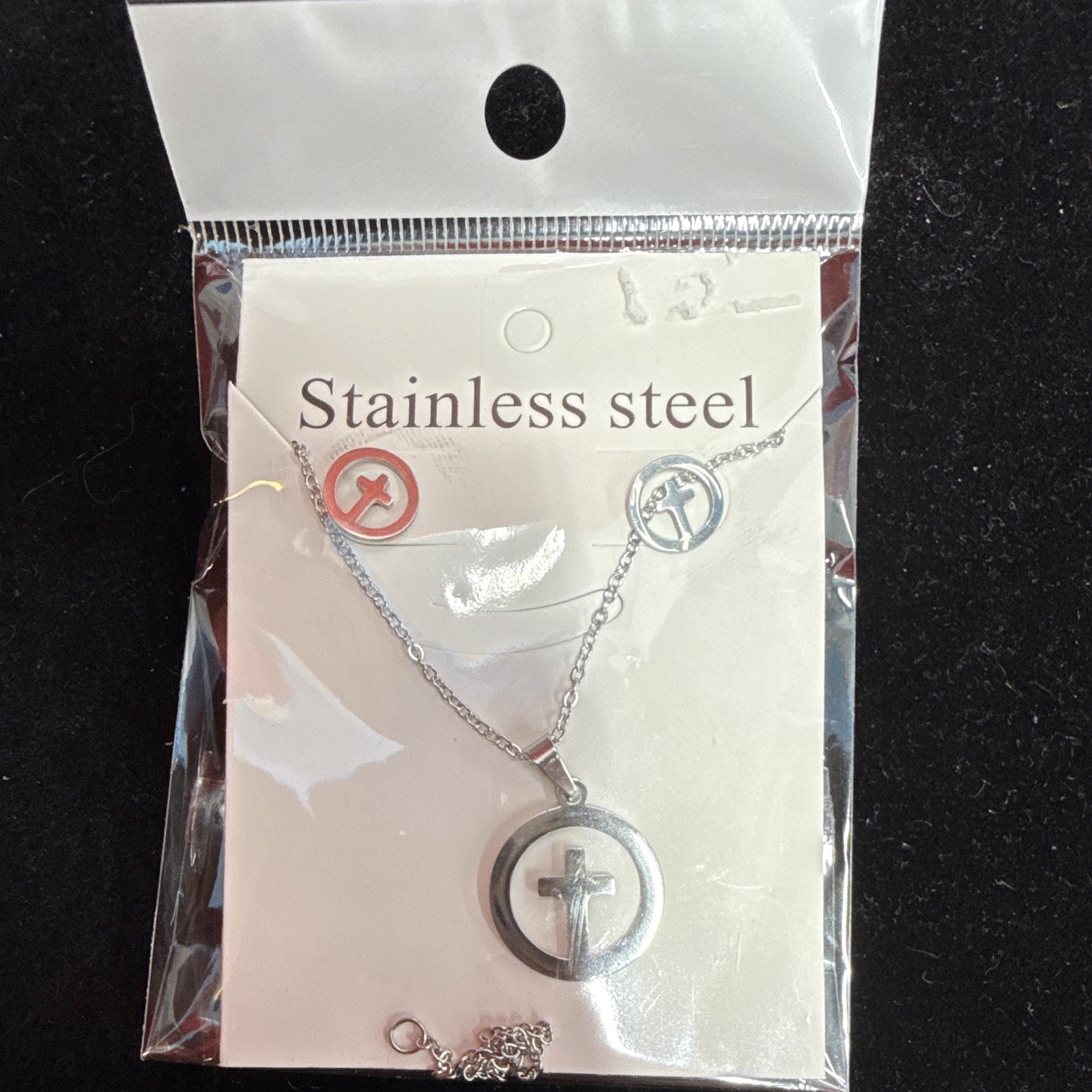 Stainless Steel Silver Religious Cross Necklace Pendant & Earrings Jewelry Set