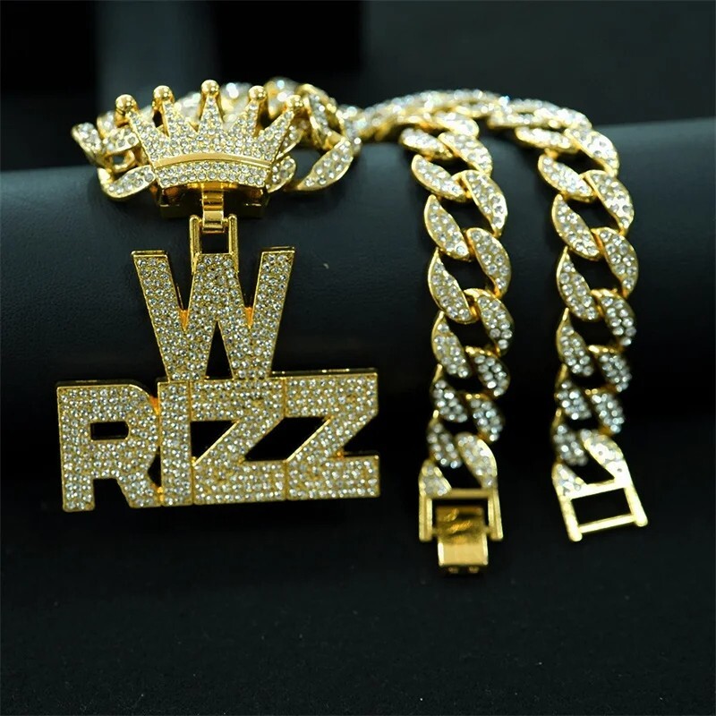 Iced W Rizz Crown Pendant Necklace CZ Bling Hip Hop Miami Cuban Link Chain Mens