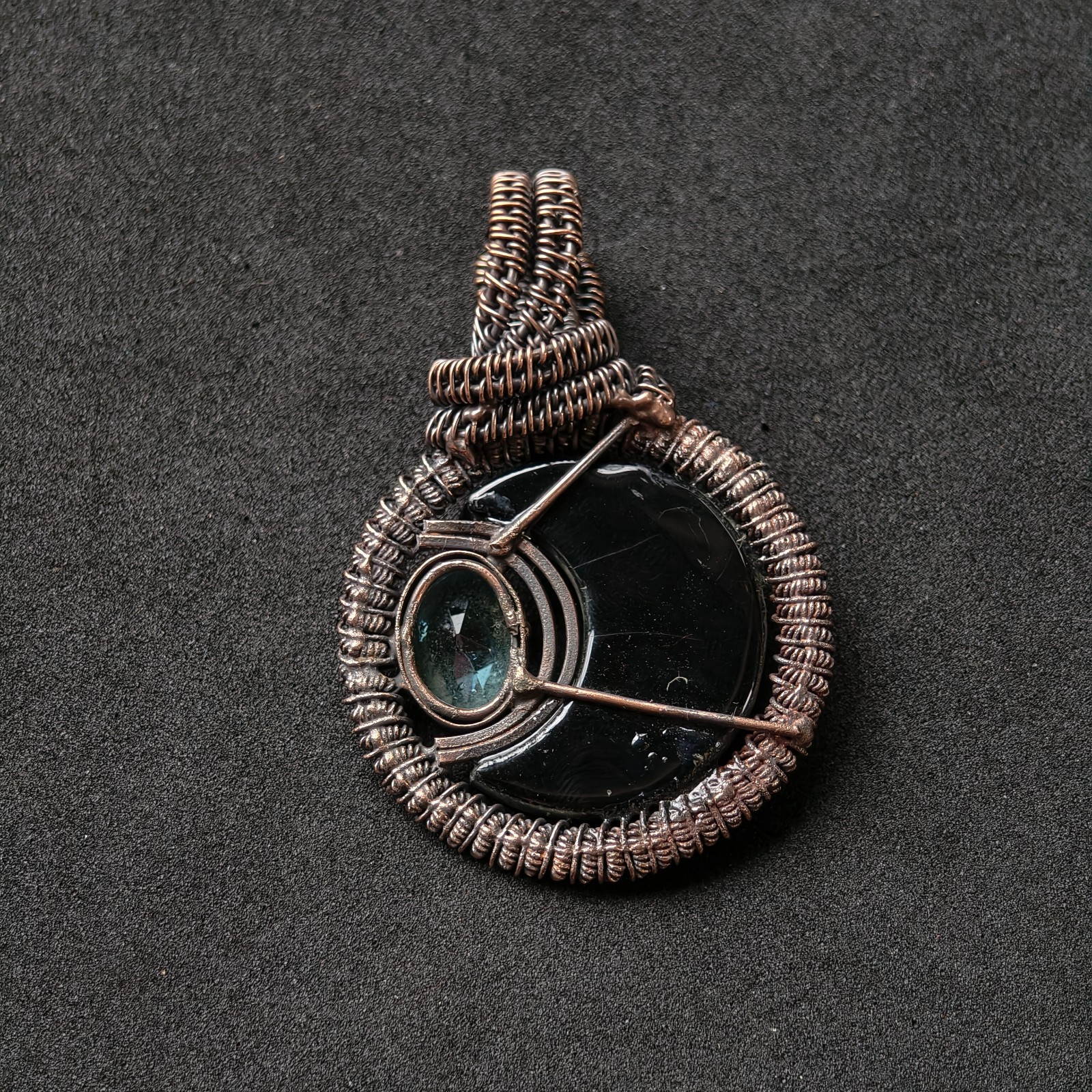 Copper Wire Wrapped Crescent Moon Pendant, Black Onyx & Blue Topaz Necklace