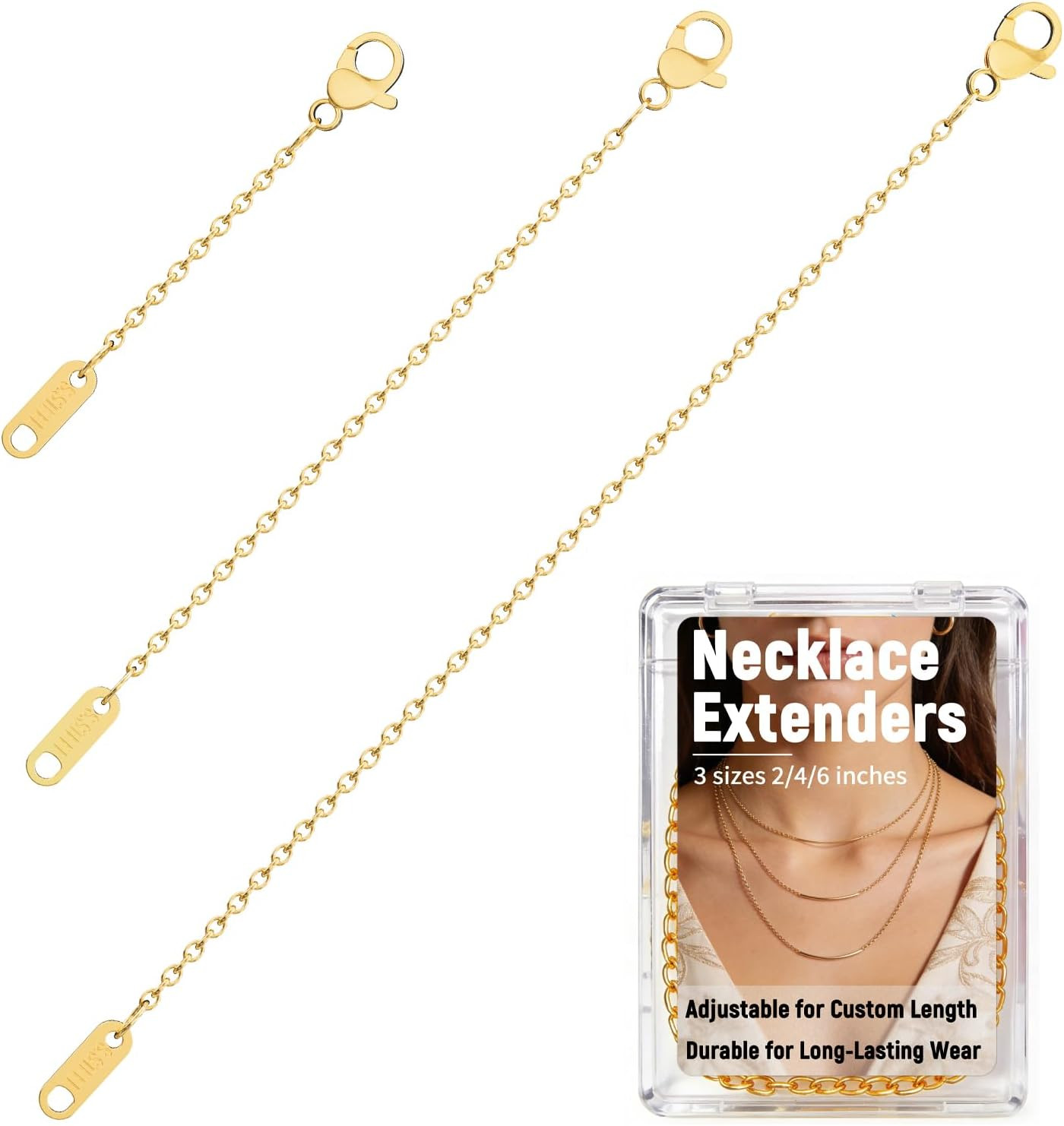 3 Pcs Necklace Extenders for Women, 2″ 4″ 6″ 18K Gold Plated Chain Extenders for