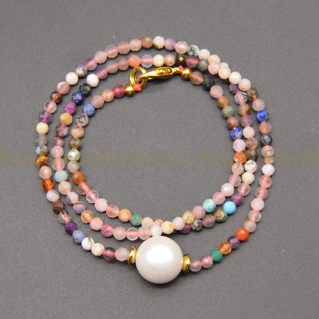 Faceted 3mm Colorful Tourmaline 12-13mm White Freshwater Baroque Pearl Necklace