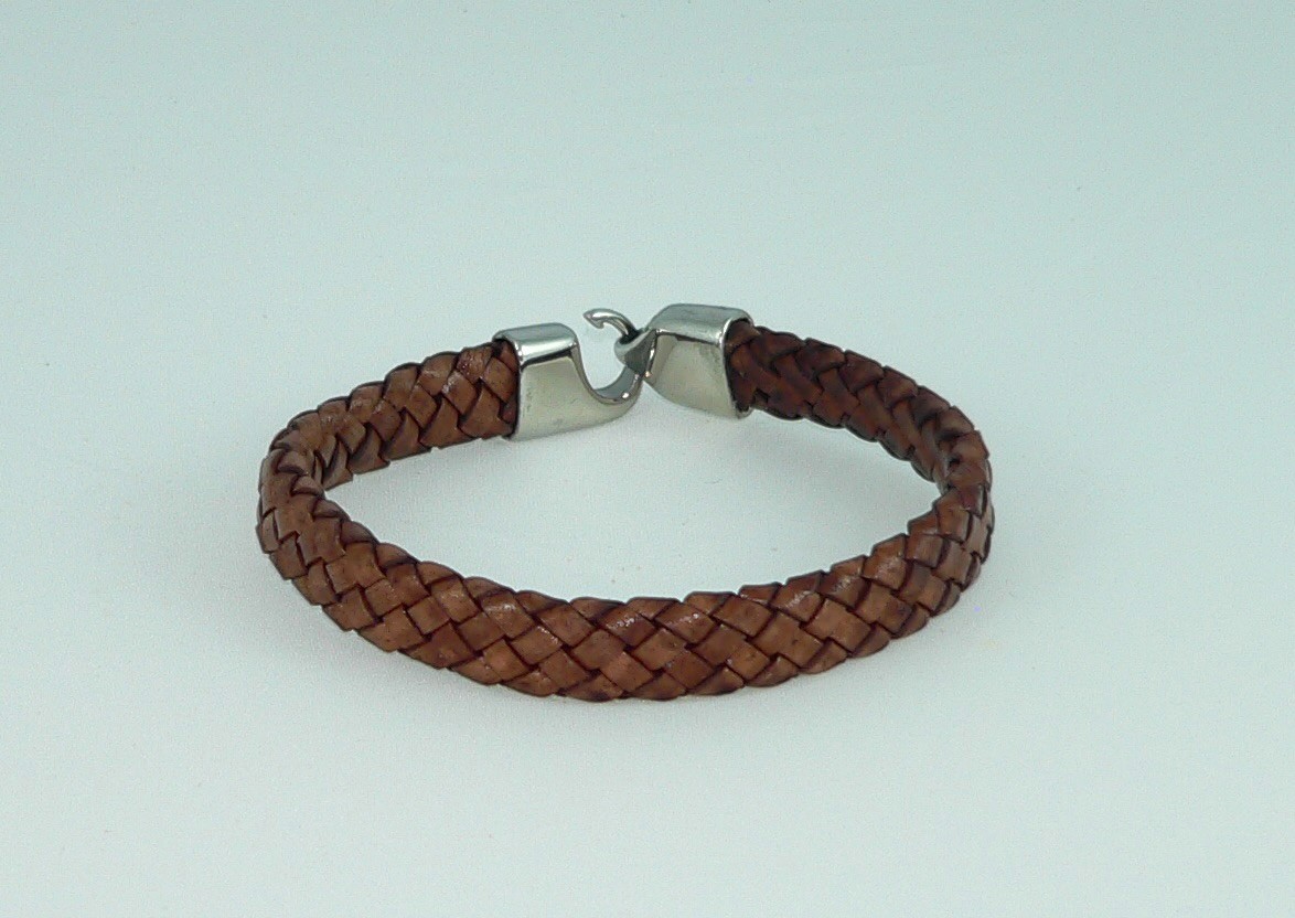 Men’s Flat Braided Brown Leather Bracelet with Stainless Steel Clasp, 7-10″