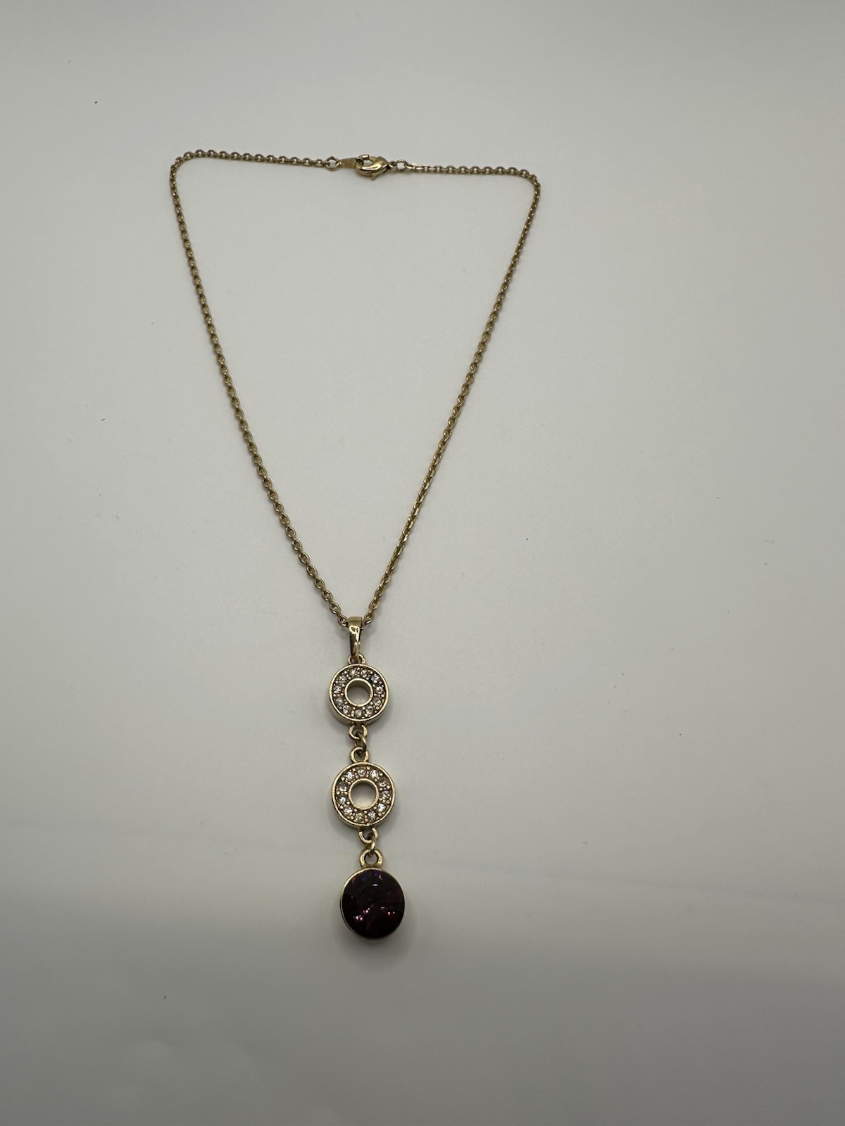 Gold 18KTCH Electroplated Chain Necklace W/Pendant Purple & Clear Crystals 14”