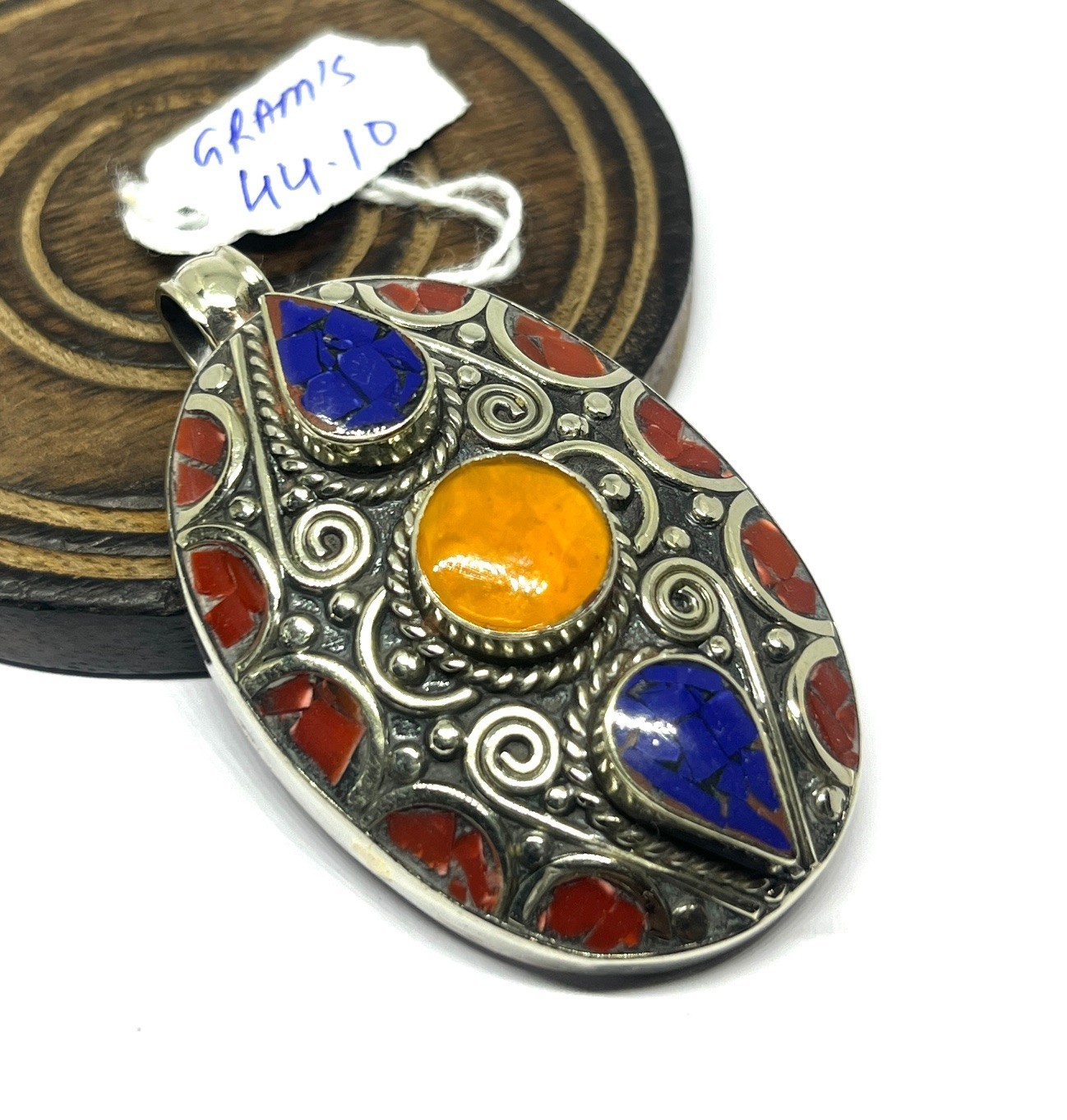 Tibetan Coral Lapis Amber Gemstone Buddhist Statement Pendant Jewelry, 2.2 inch