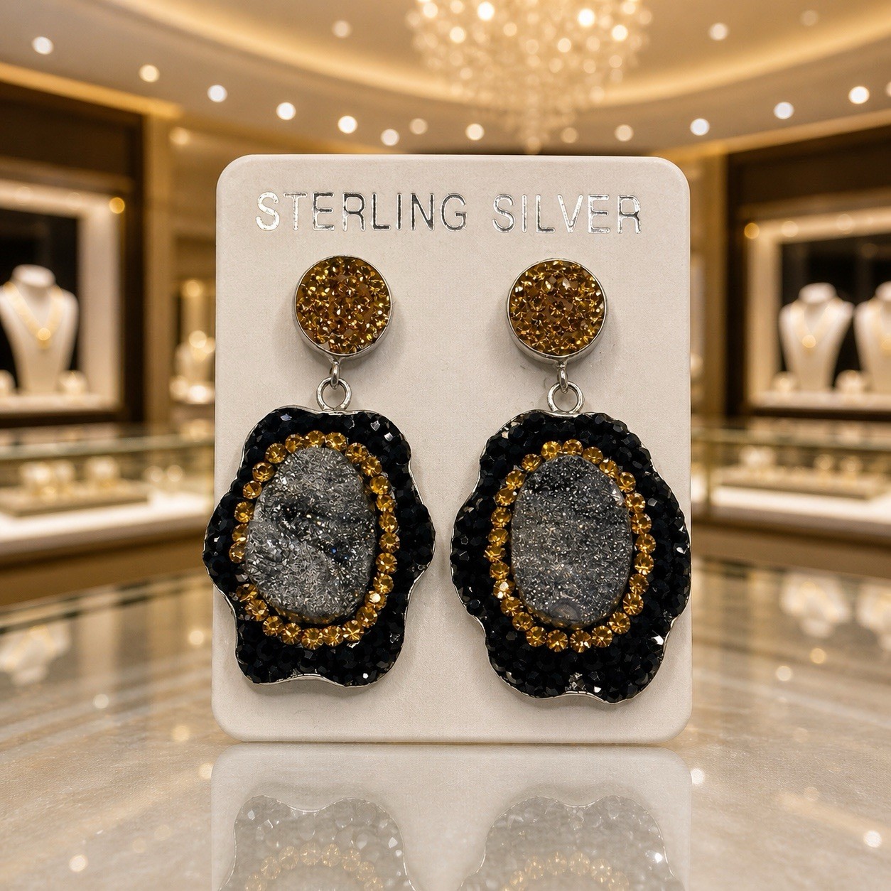 NEW Sterling Silver Druzy Crystal Hang Earrings Special Occasion Luxury Sparkle