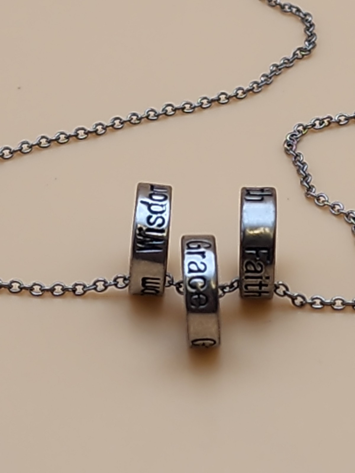 Vtg ATI CN Signed Faith Wisdom Grace Rings Necklace Silver Tone FREE $HIPPING!!