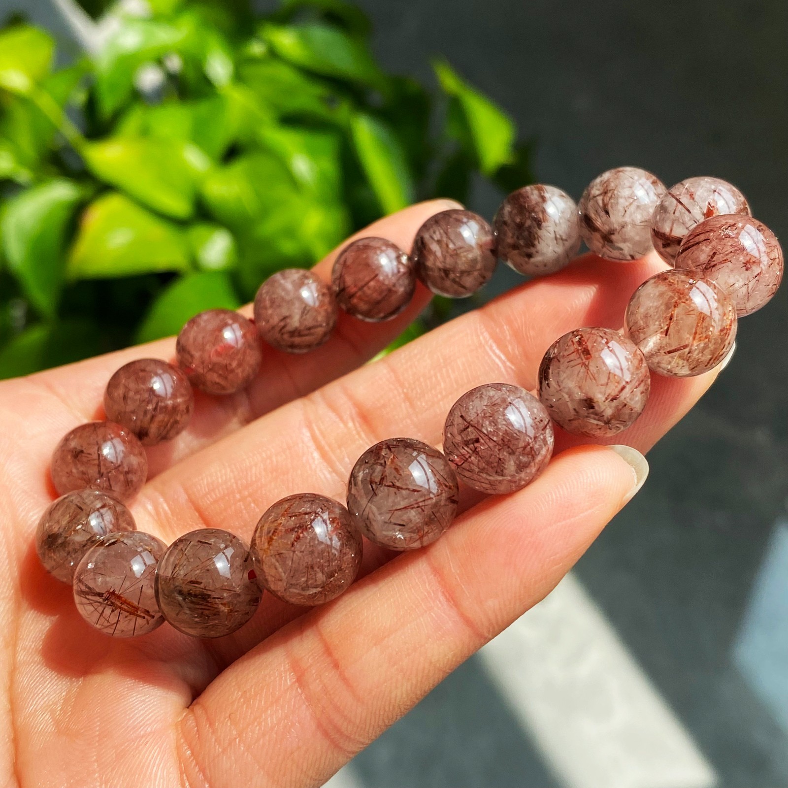 11.3mm Natural Red Rutilated Quartz Crystal Beads Bracelet 2917