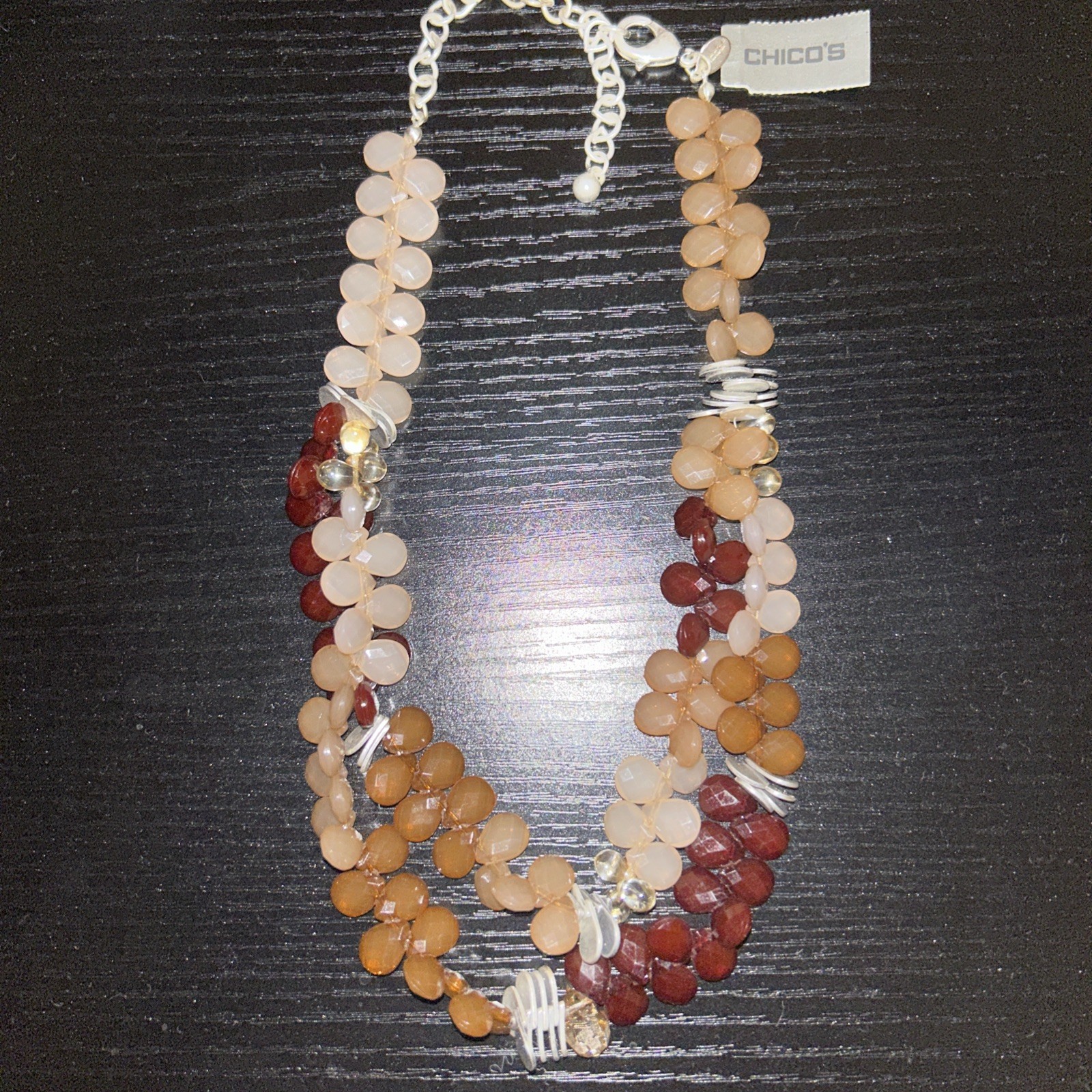 Chico’s Bib Necklace Silver Tone Layered Beaded Boho Chunky,Oh So Cute, 21”, EUC