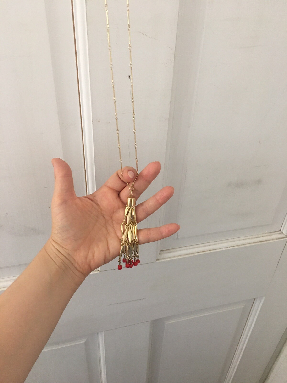 Long Statement Tassle Necklace – Goldtone, Beaded