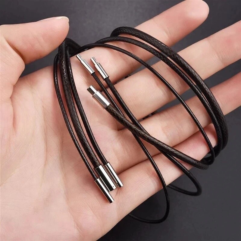 1.0/1.5/2/3/4mm Black Woven Necklace Rope Leather Cord Stainless Steel 40-80cm