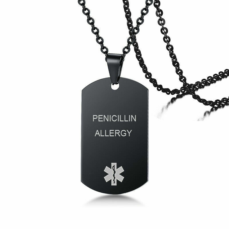 Black Stainless Steel Emgerency Medical Alert ID Pendant Necklace Free Engraving