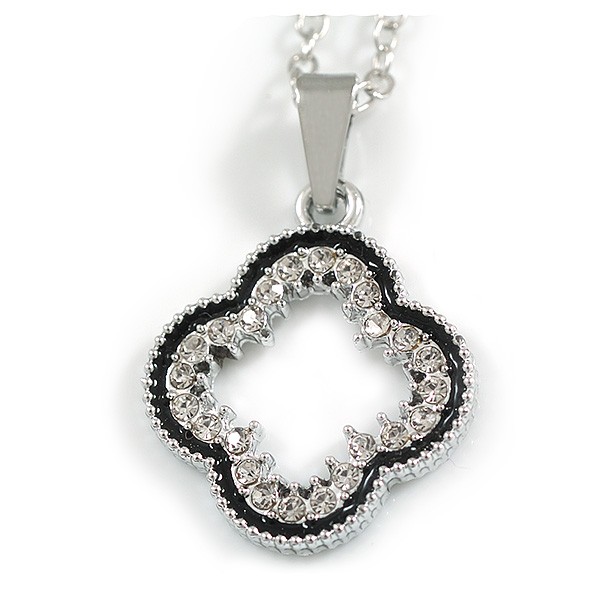 Small Crystal Open Clover Pendant with Silver Tone Chain – 42cm L/ 5cm Ext