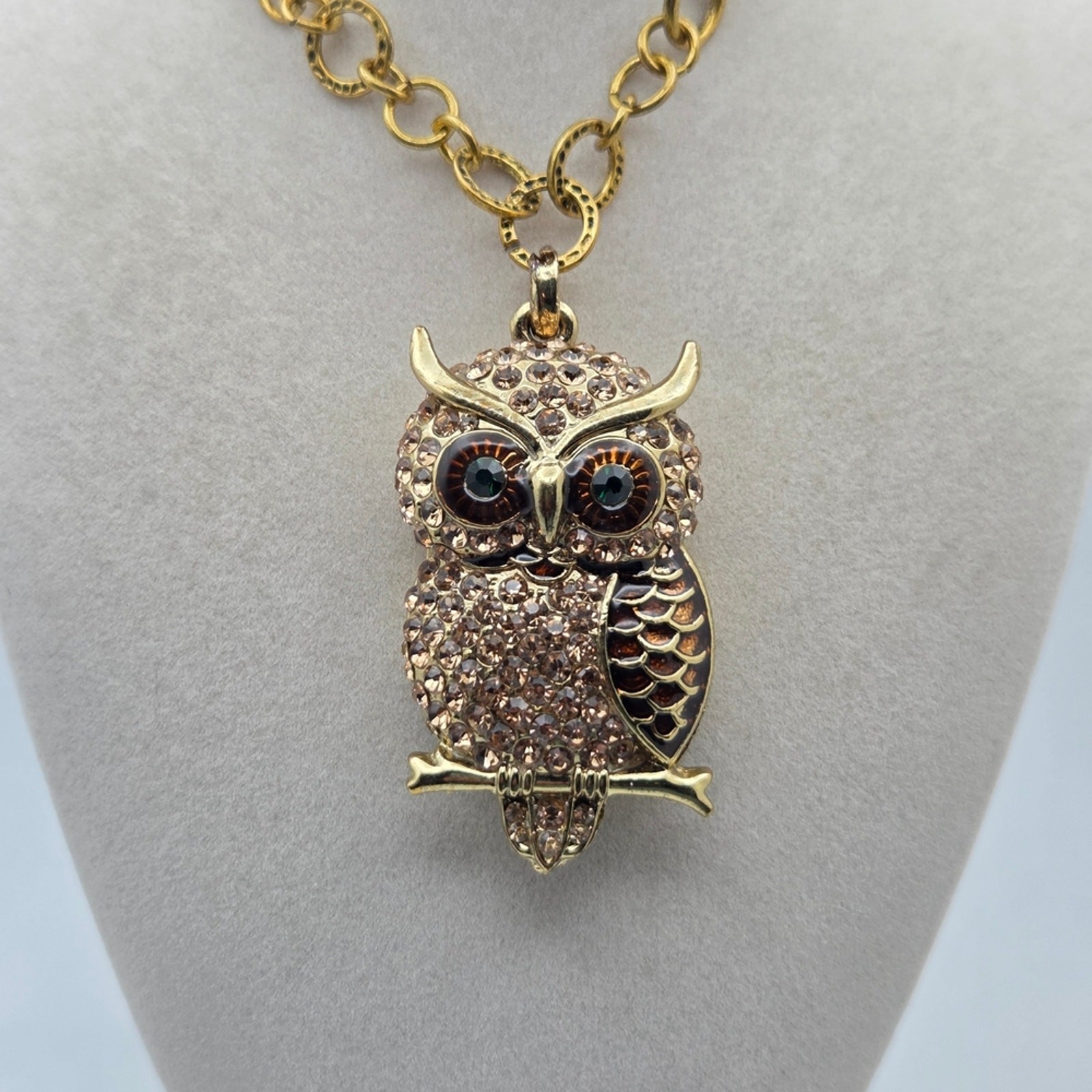 Vintage-Style Pave Crystal & Enamel Owl Statement Necklace