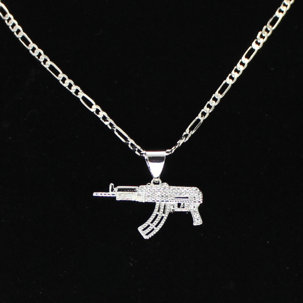 AK47 Gun iced Cz Pendant Silver Plated 20″ Figaro Chain Men’s Necklace Hip Hop