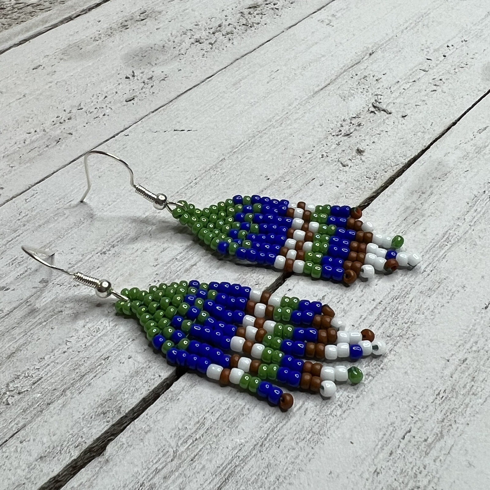 Mini Seed Beaded Earrings 2.25 inches Long Handmade Jewelry Blue Green