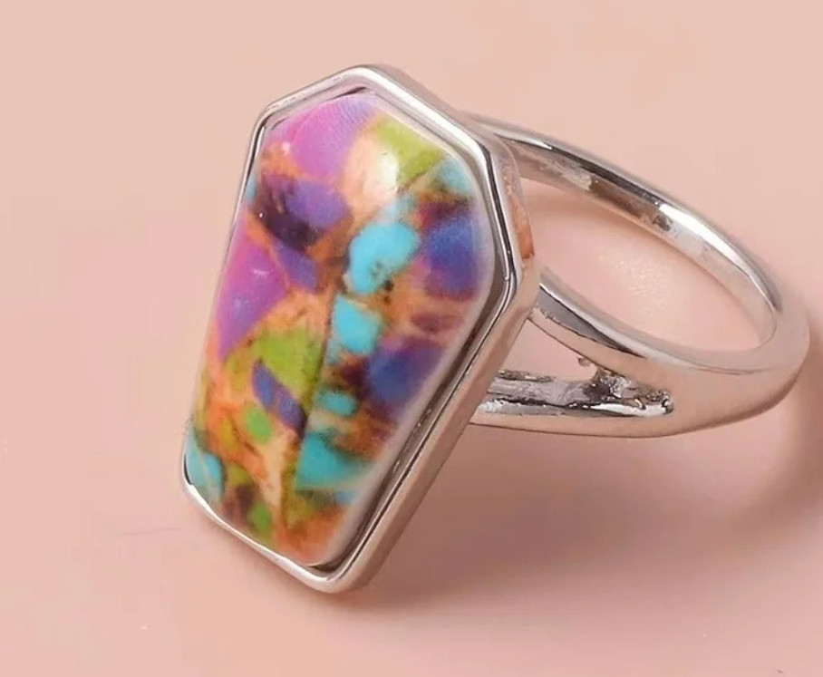Women’s Colorful Bohemian Tie-Dye Ring in a Coffin Cut Silver Split Setting