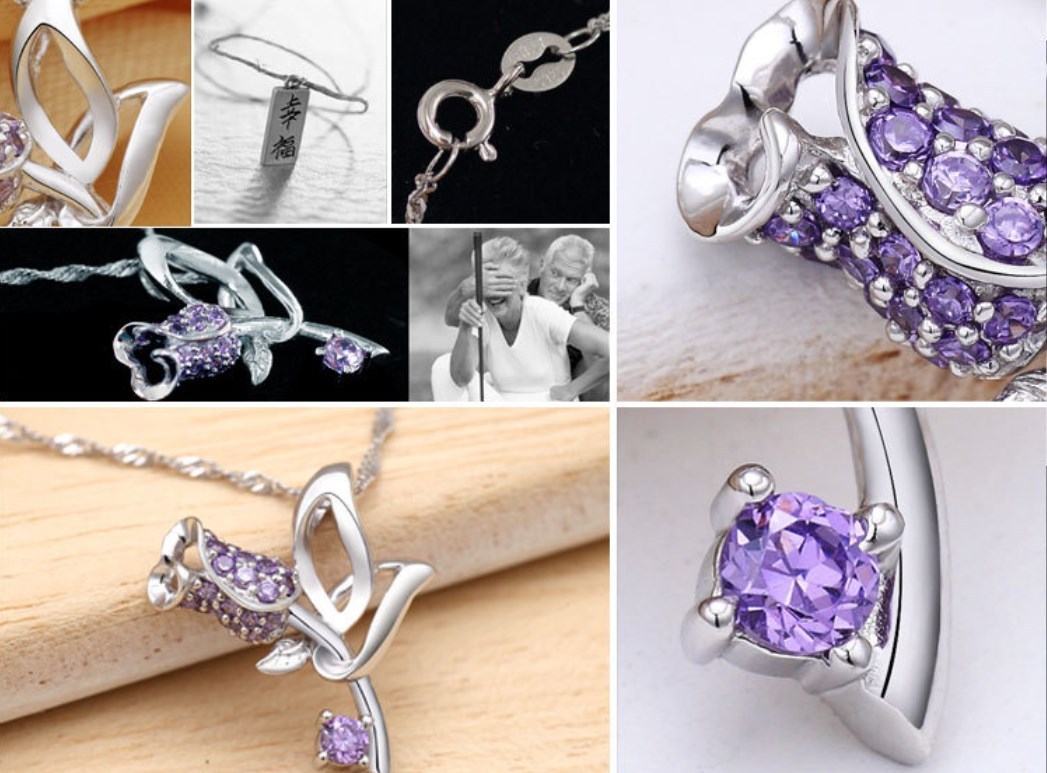 Sterling Silver Purple Rose Amethyst Flower Pendant Chain Necklace Love Gift L22