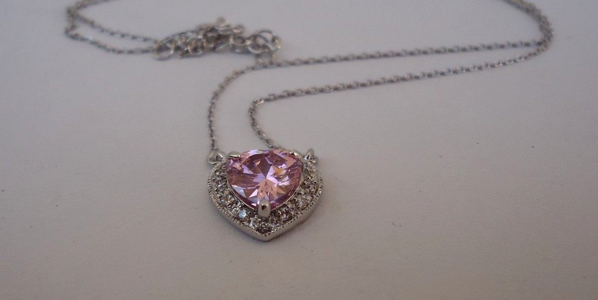 STERLING SILVER HEART NECKLACE PENDANT 3.50 CT PINK /WHITE LAB CREATED DIAMOND