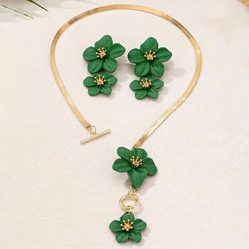 2PCS Women’s Fashion Green Flower Pendant Necklace Earring Set Gift Alloy