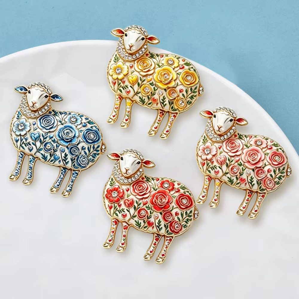 Vintage Yellow Sheep Brooch Rhinestone Enamel Floral Animal Pin Gold JewelryGift