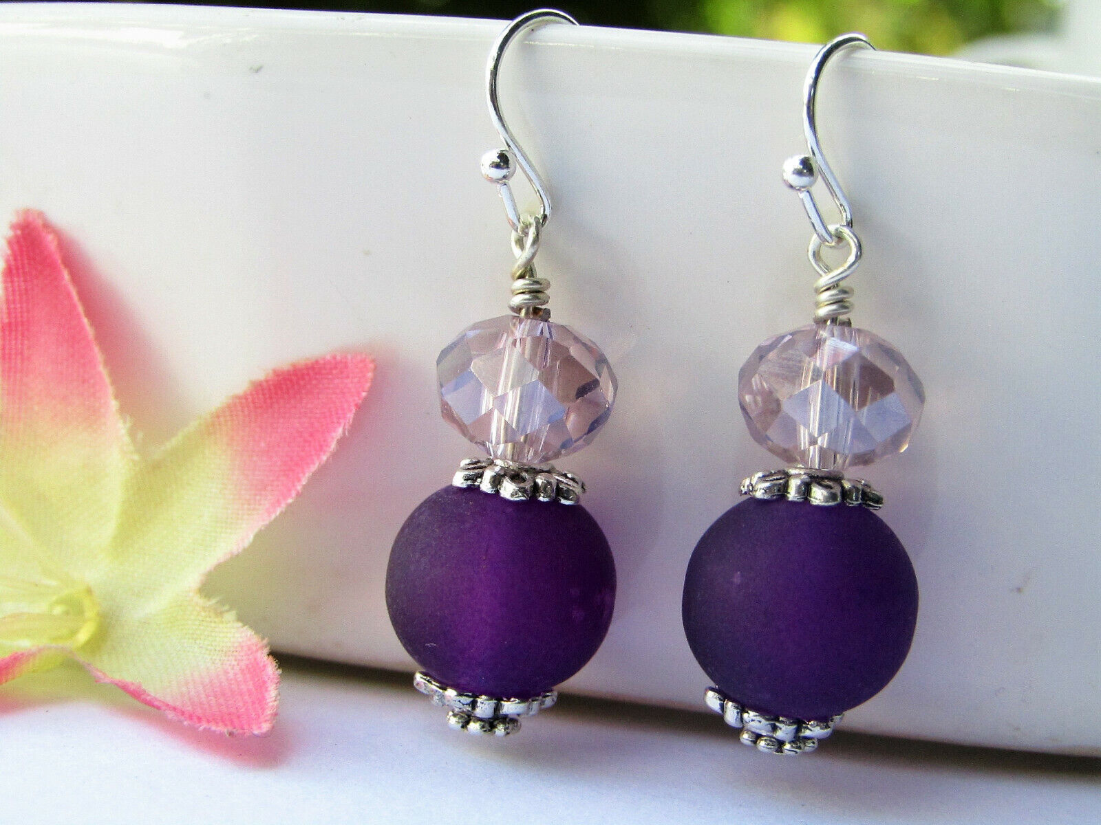 Purple Round Frosted Sea Glass, Silver Dangle Earrings-Handcrafted Jewelry