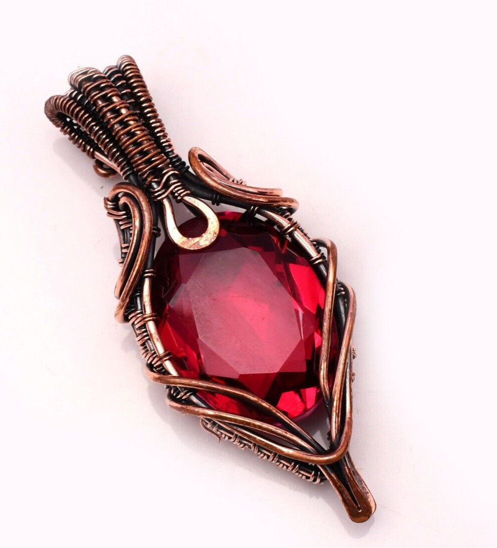 Garnet Pendant Copper Wire Wrapped Handmade Jewelry Pendant 2.15″
