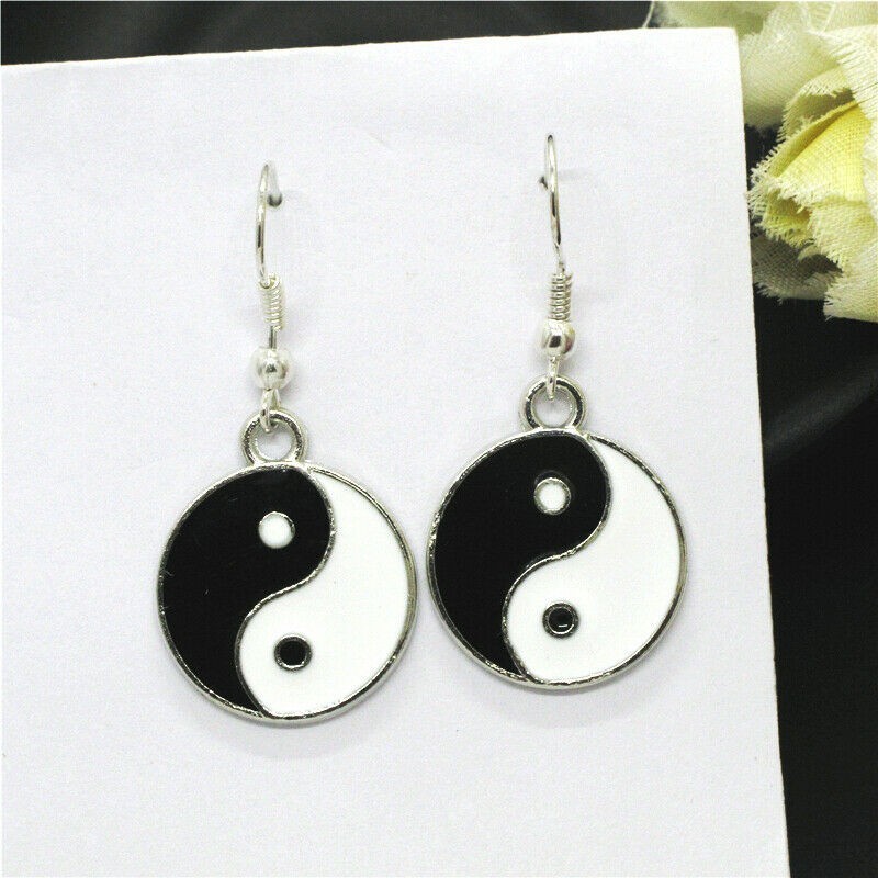 Silver Black & White Enamel Round Yin-Yang Tai Chi Taiji Hook Dangle Earrings