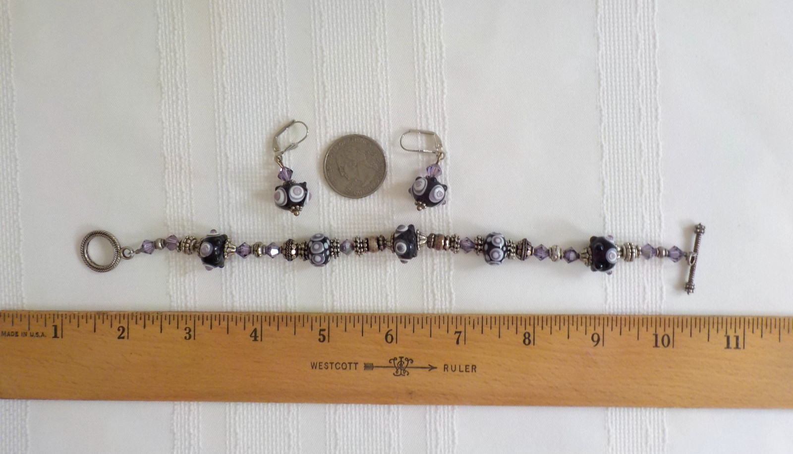 Lampwork Black Purple White Bead Bracelet Pierced Earrings Round Toggle Bumpy