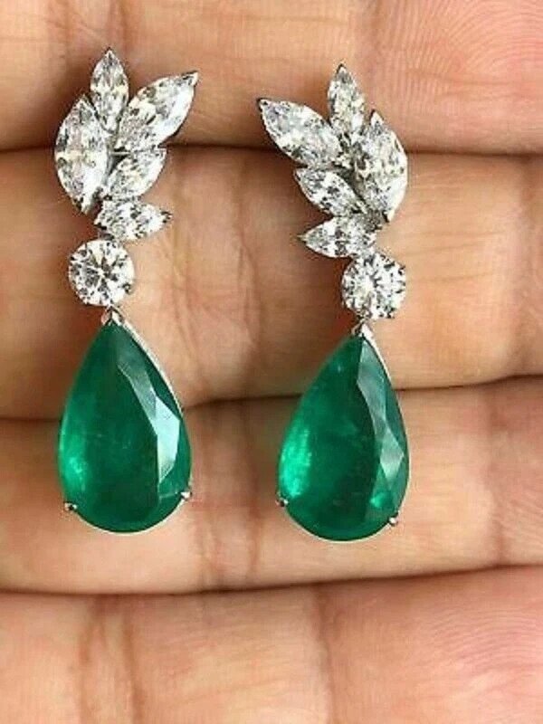 2.50Ct Pear Simulated Emerald Fancy Drop Dangle Earrings 14K White Gold Plated