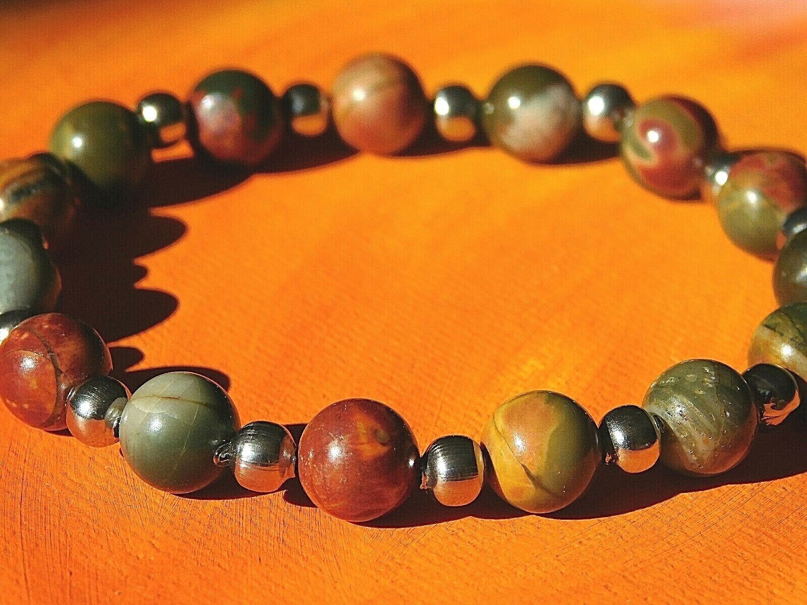 Mens / Ladies Handmade Gemstone & Steel Bracelet – Natural Picasso Jasper.