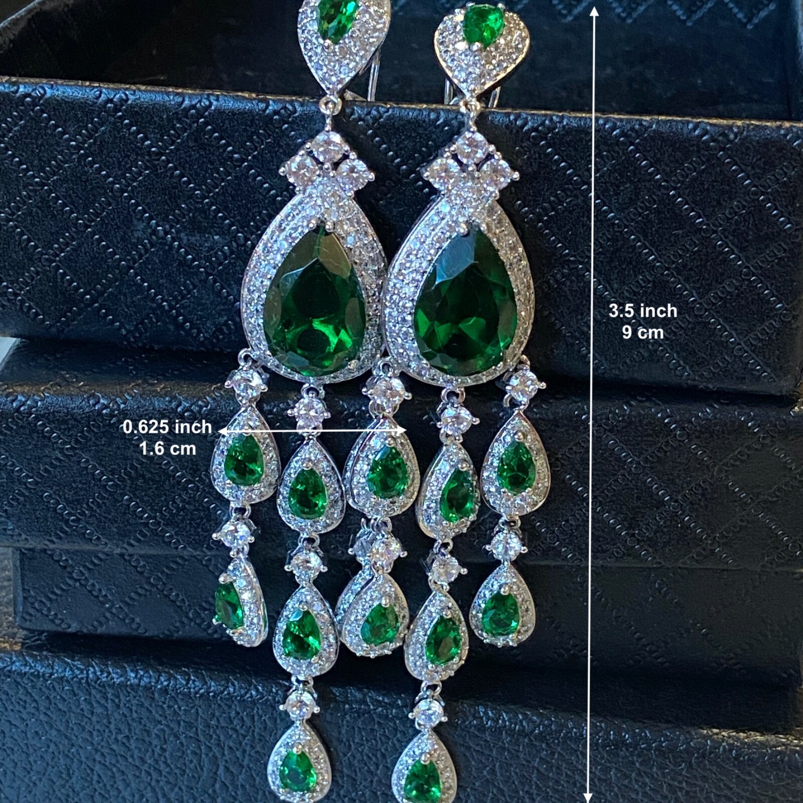 18k Platinum Plated Lab-Created Green Emerald & Diamond Long Chandelier Earrings
