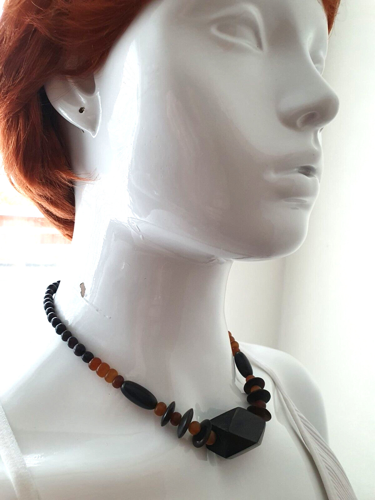 Vintage Artisan Black Orange Chunky Acrylic Beaded Boho Festival Necklace