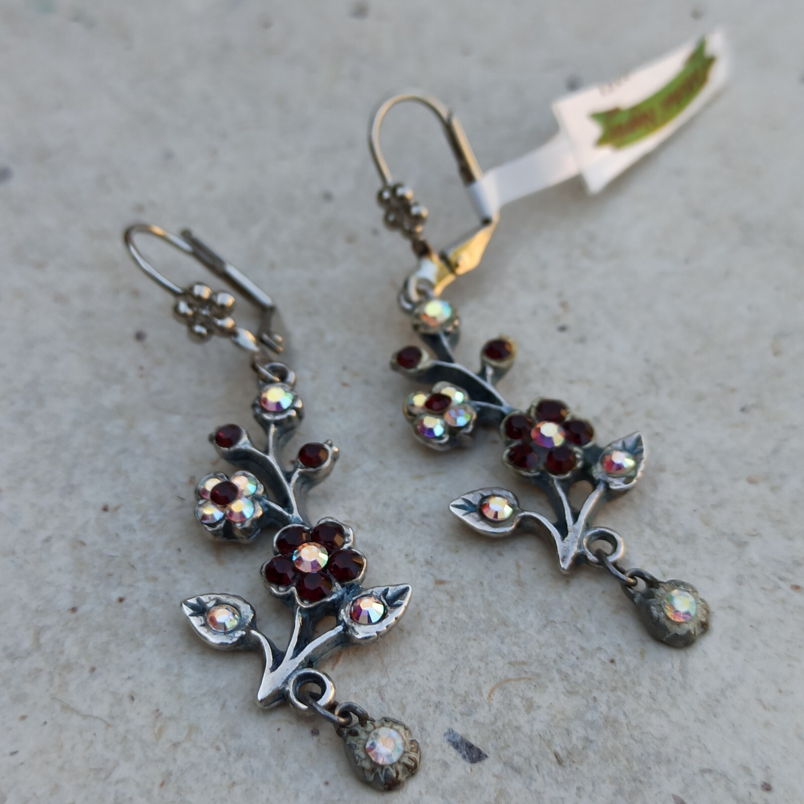Michal Negrin Earrings Silver Aurora Borealis Red Crystals Long Flower Branch