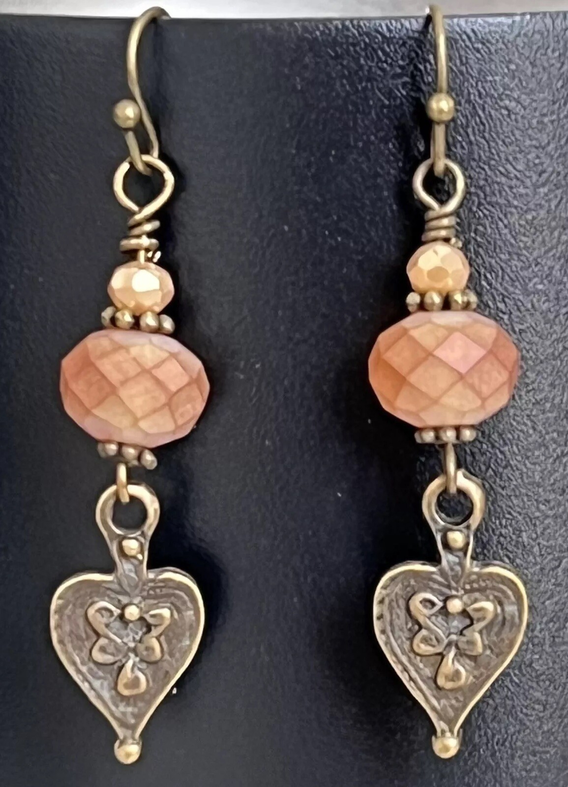 Beautiful Etched Bronze with Dusty Rose Crystal Bead Dangle Earrings.