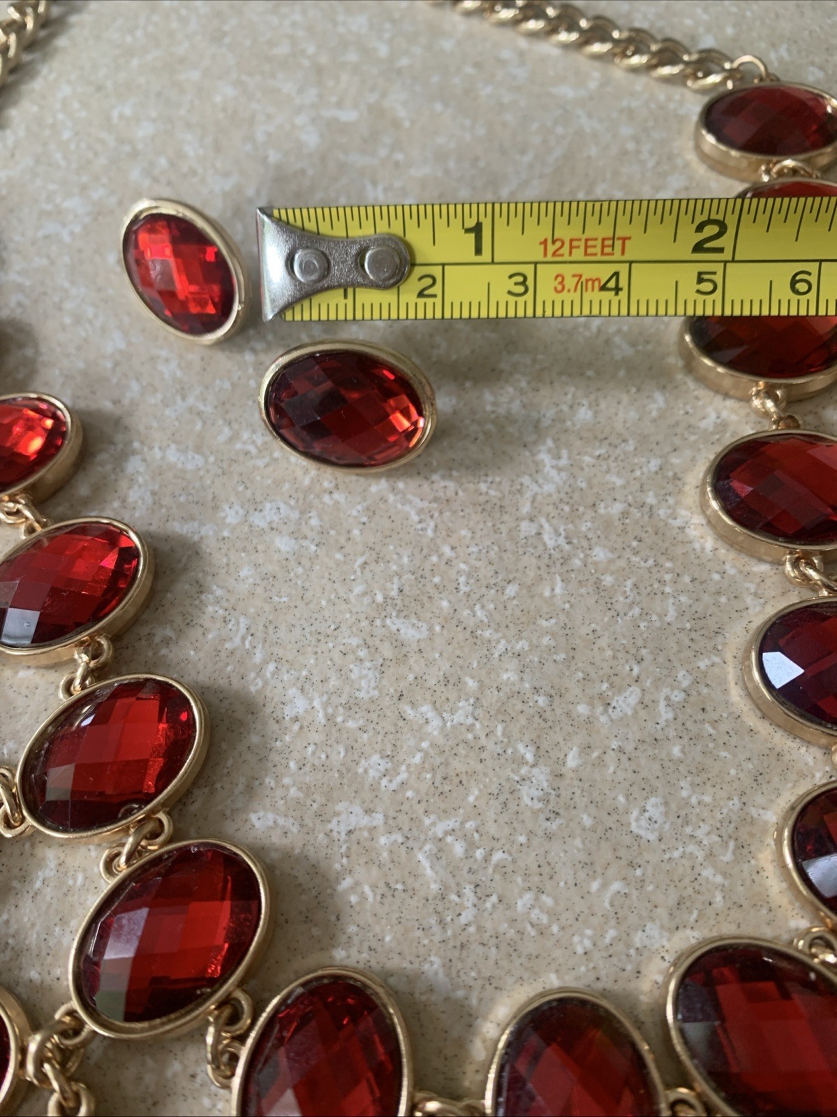 Vintage Gold Tone Red Faux Rhinestone Statement Necklace Costume Jewelry Earring