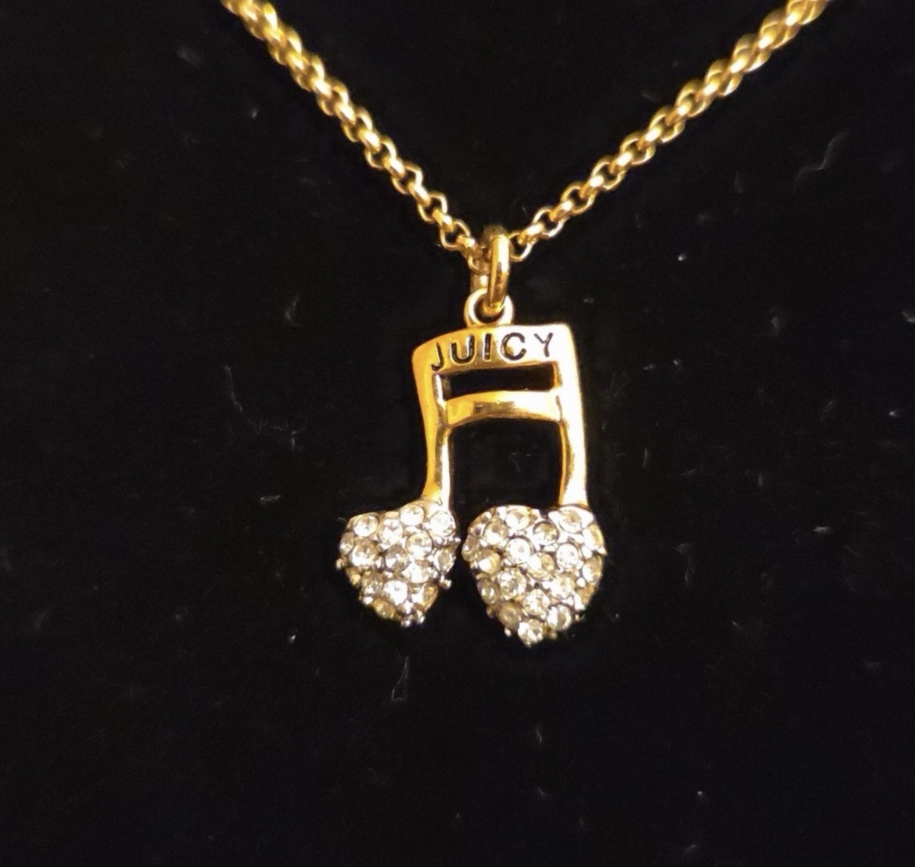 Juicy Couture Music Note Charm Pendant Necklace Gold Tone Pavé Crystal Signed