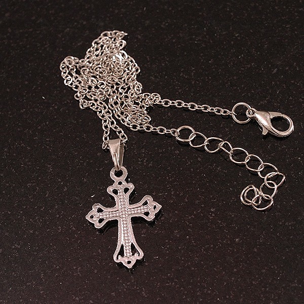 Small Crystal Cross Pendant with Silver Tone Chain/42cm Long/ 5cm Extender