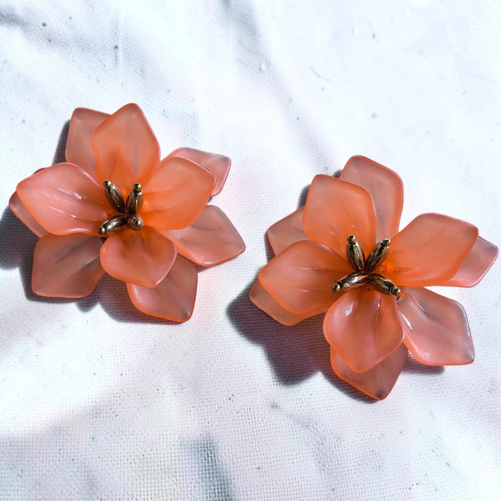 Oversize Canteloupe Color Satin Acrylic Flower Statement Pierced Earrings Floral