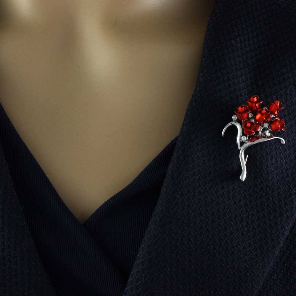 Bouquet of Red Roses Brooch Pin and Rose Earring Set – PRL105SBS
