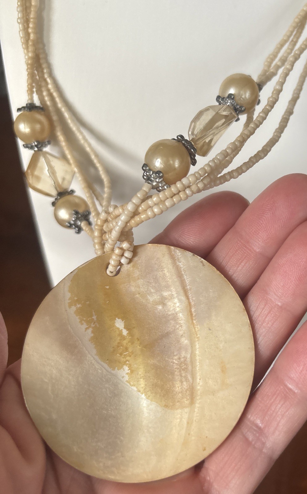 Ivory Beaded Multi Seed Bead Strand Boho Shell Pendant Drop Necklace 21”
